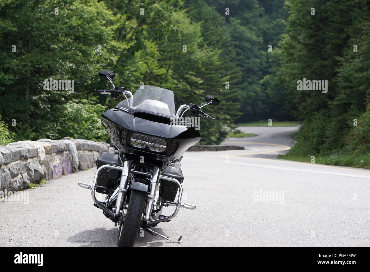 Harley Davidson posing in the Great Smokey Mountains. Black Road Glide. Tennessee vacation Stock Photo