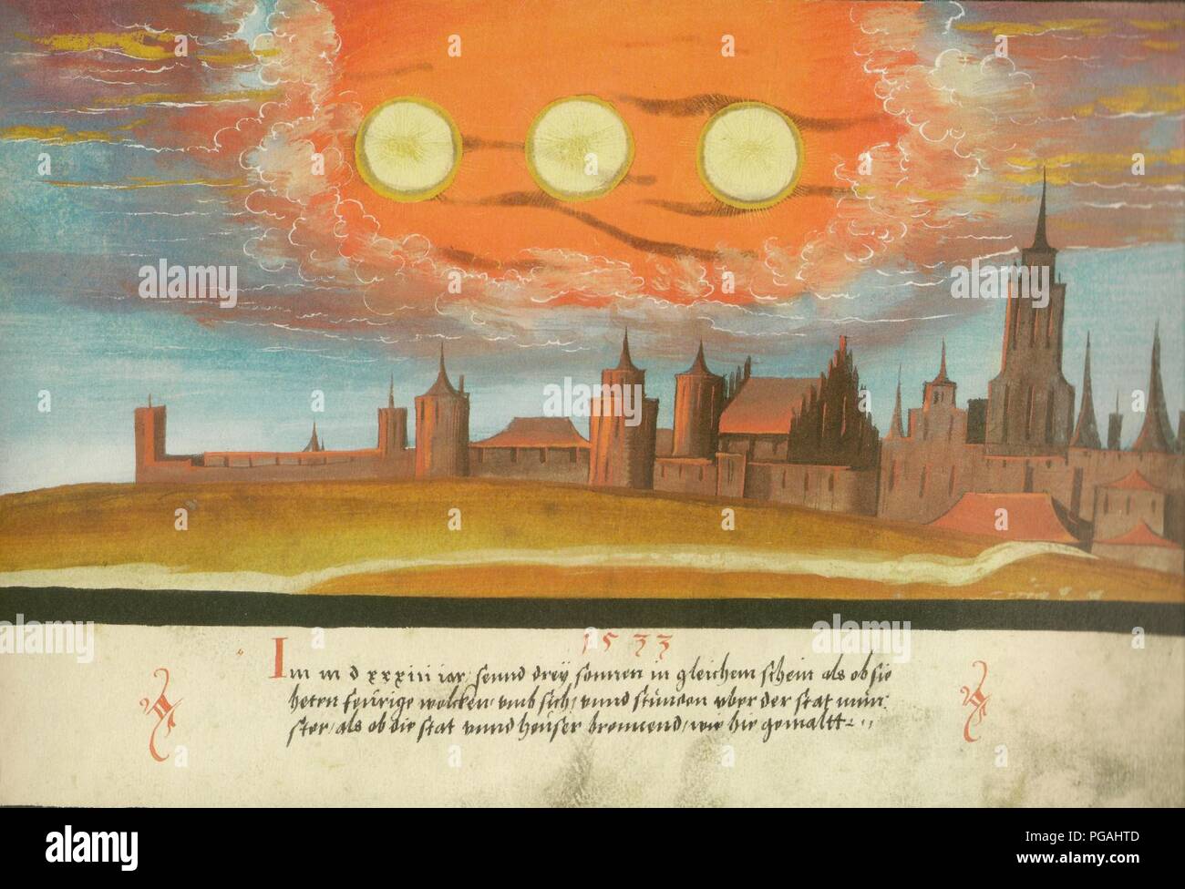 Augsburger Wunderzeichenbuch — Folio 131 Nebensonnen über Münster 1533. Stock Photo