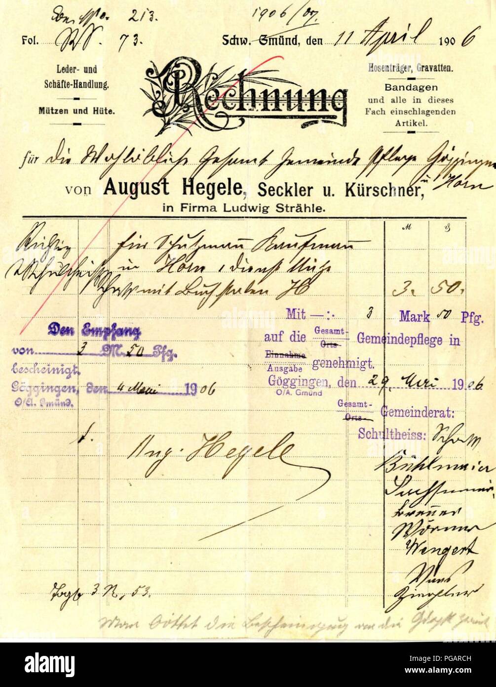 August Hegele, Fa. Ludwig Strähle, Säckler und Kürschner, Schwäbisch Gmünd, Rechnung von 1906. Stock Photo