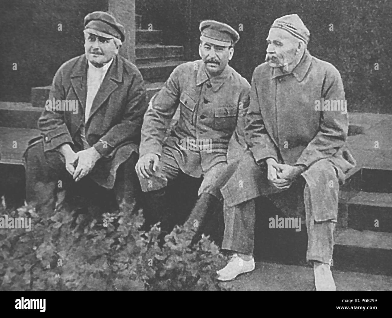 Avel Enukidze Joseph Stalin and Maxim Gorky Red Square 1931. Stock Photo