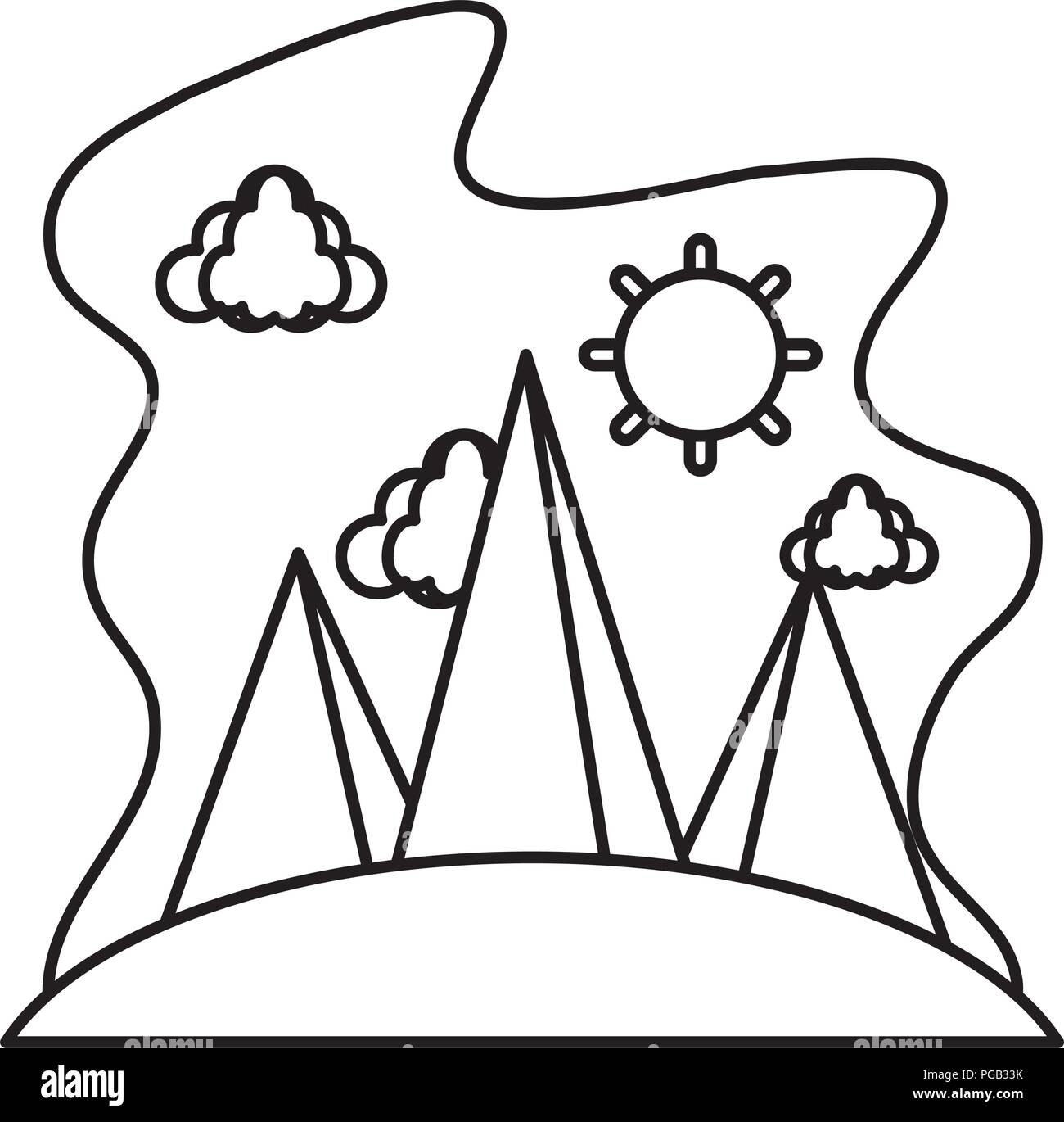 line nature clouds with sun and mountains landscape Stock Vector Image ...