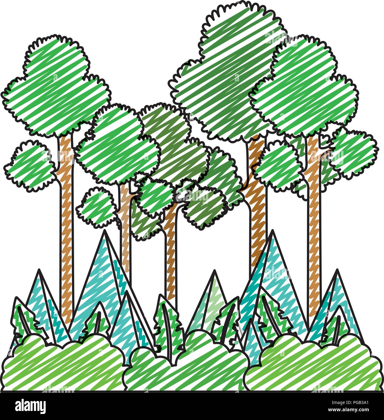 doodle nature tall trees and mountains landscape Stock Vector Image ...