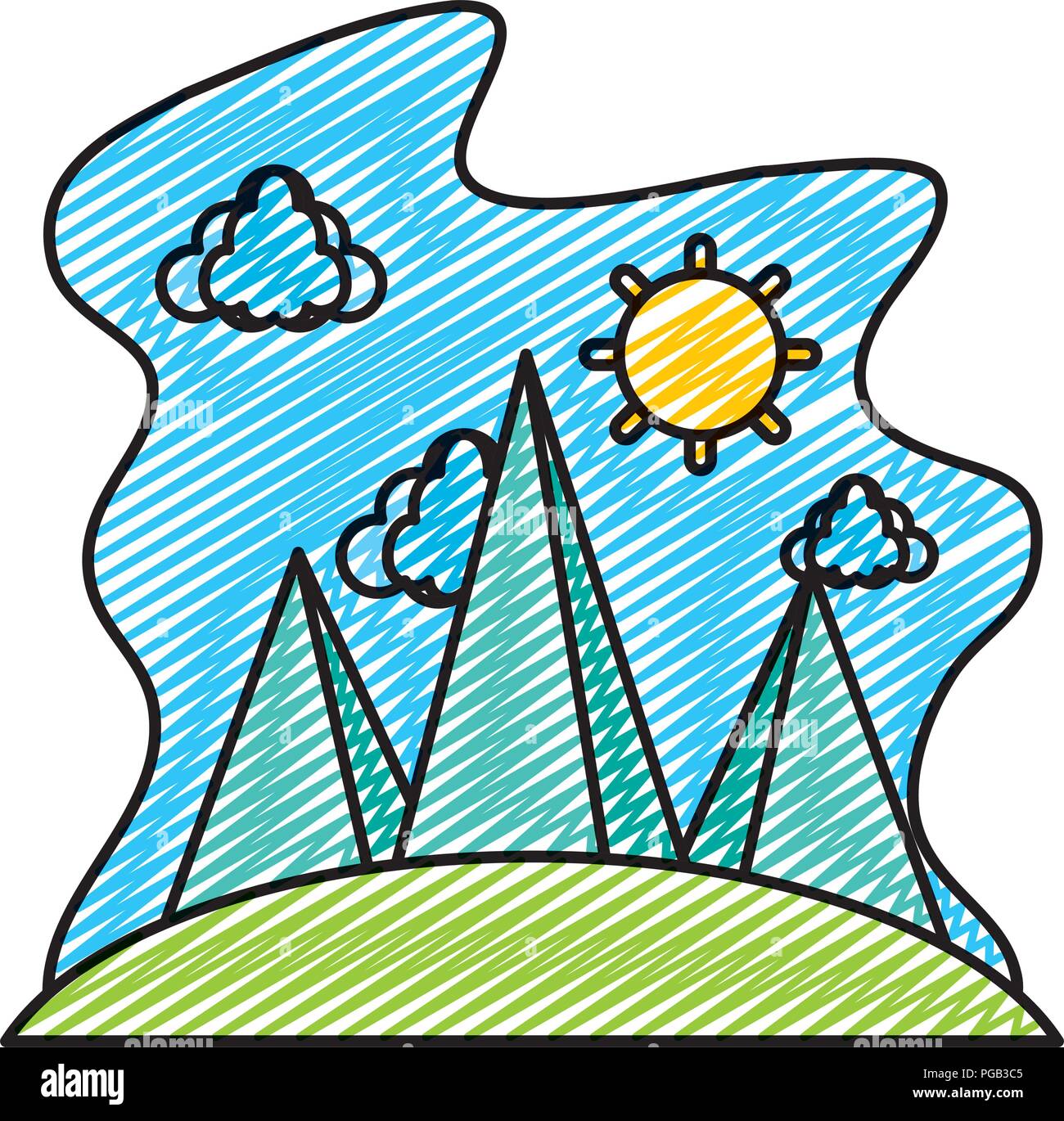 doodle nature clouds with sun and mountains landscape Stock Vector ...