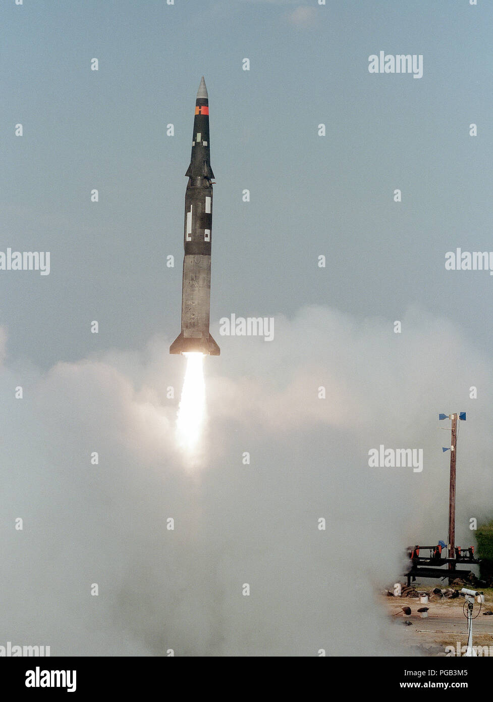 A Pershing II missile is launched from Complex 16. Stock Photo