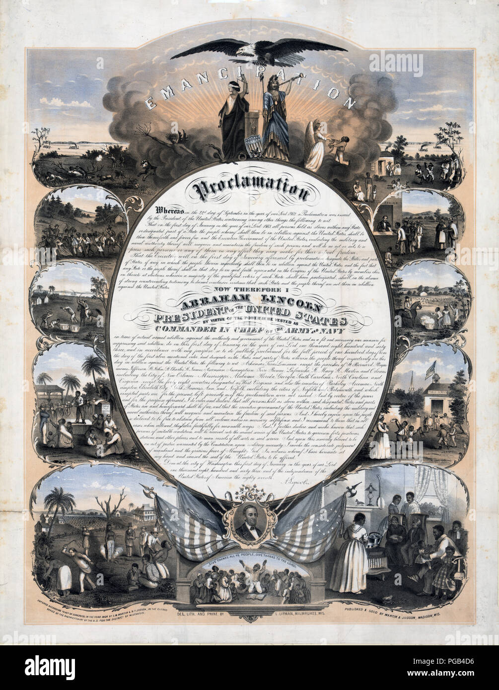 Print shows at center the text of the Emancipation Proclamation with vignettes surrounding it; on the left are scenes related to slavery and on the right are scenes showing the benefits attained through freedom; also shows Justice and Columbia at the top center beneath a bald eagle and a portrait of Abraham Lincoln at bottom center above a scene of former slaves giving thanks. Stock Photo