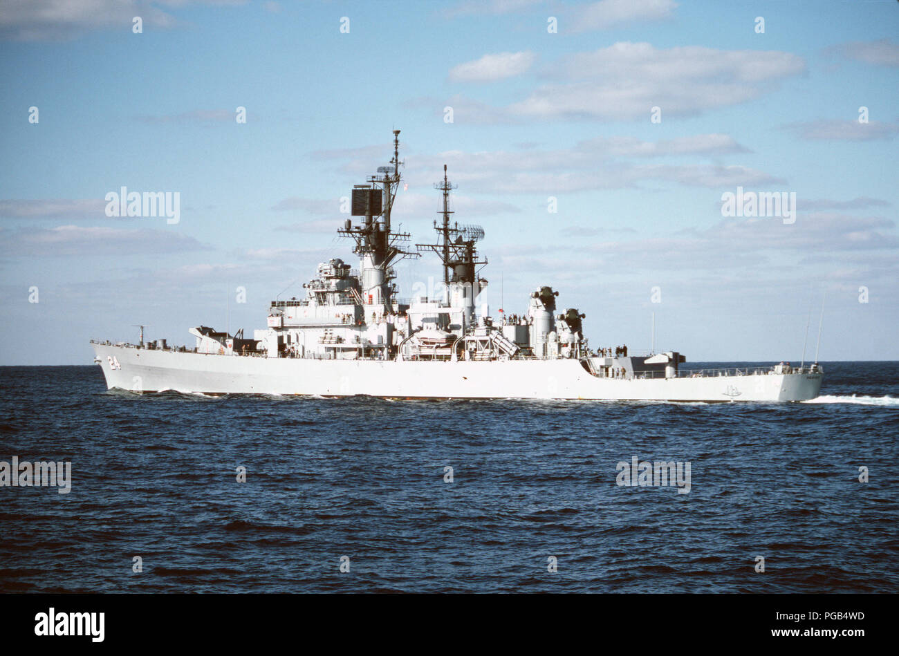 A port quarter view of the guided missile cruiser USS REEVES (CG