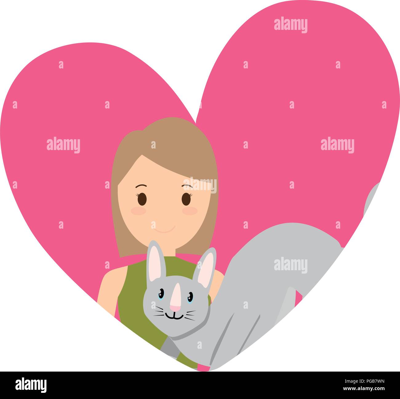 heart with cute girl and cat over white background, vector illustration ...