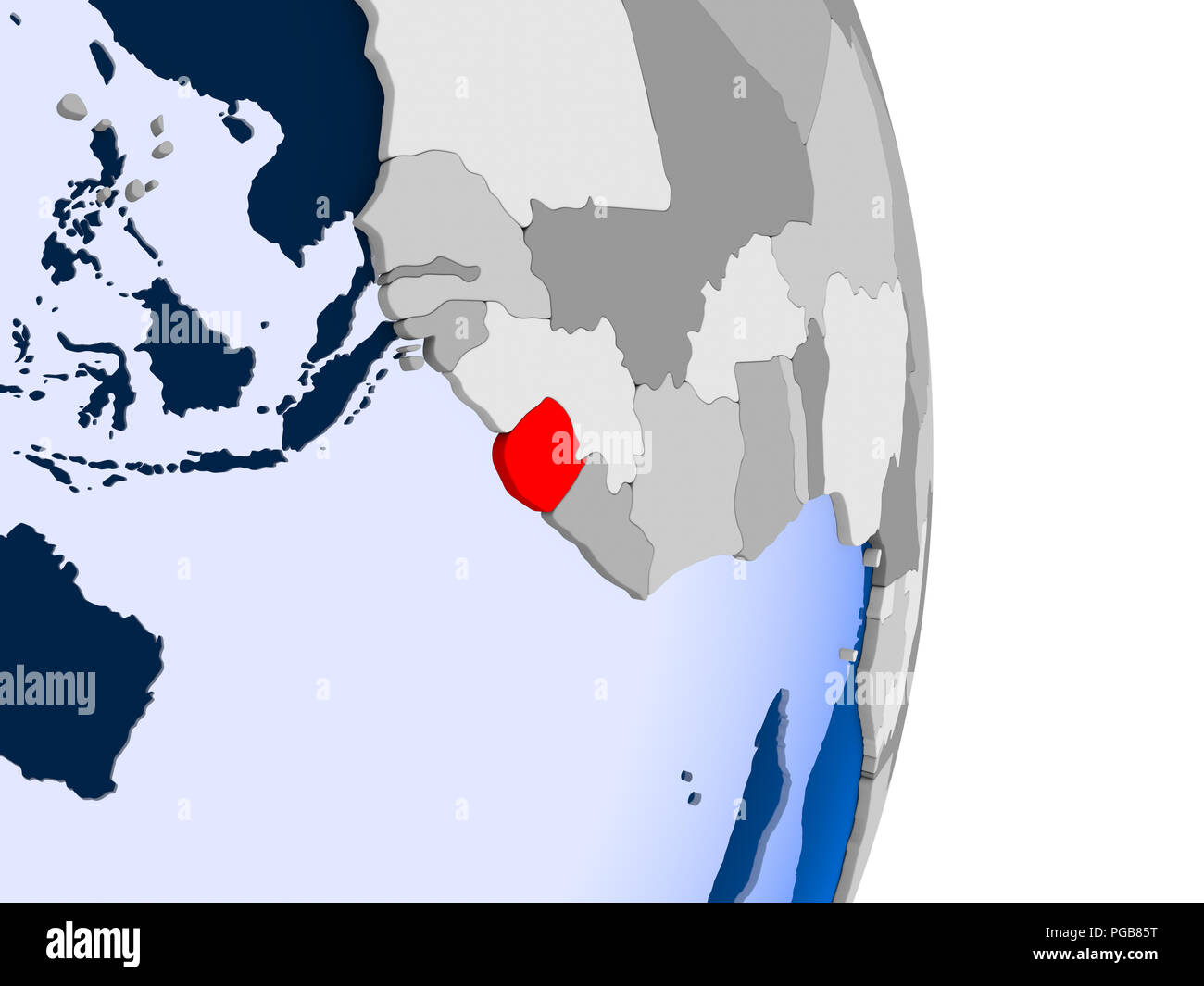 Sierra Leone in red on model of political globe with transparent oceans ...