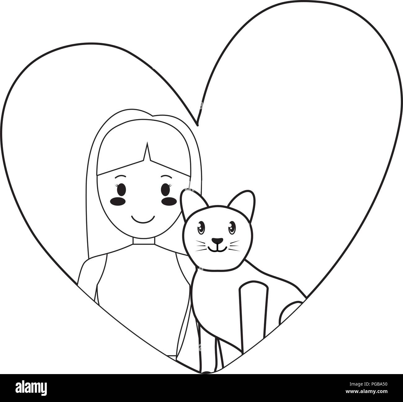 heart with cute girl and cat over white background, vector illustration ...
