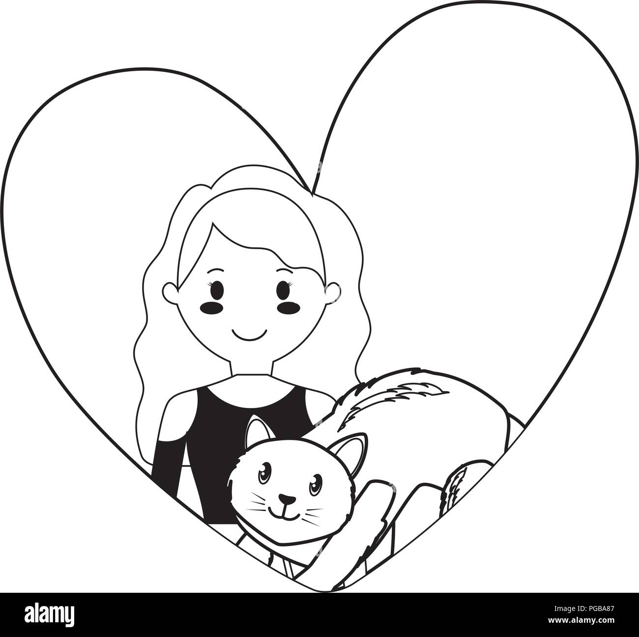 heart with cute girl and cat over white background, vector illustration ...