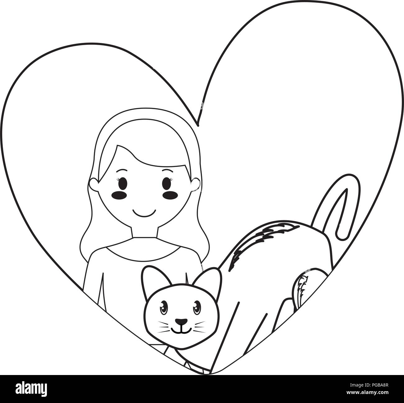 heart with cute cat and cartoon girl over white background, vector ...