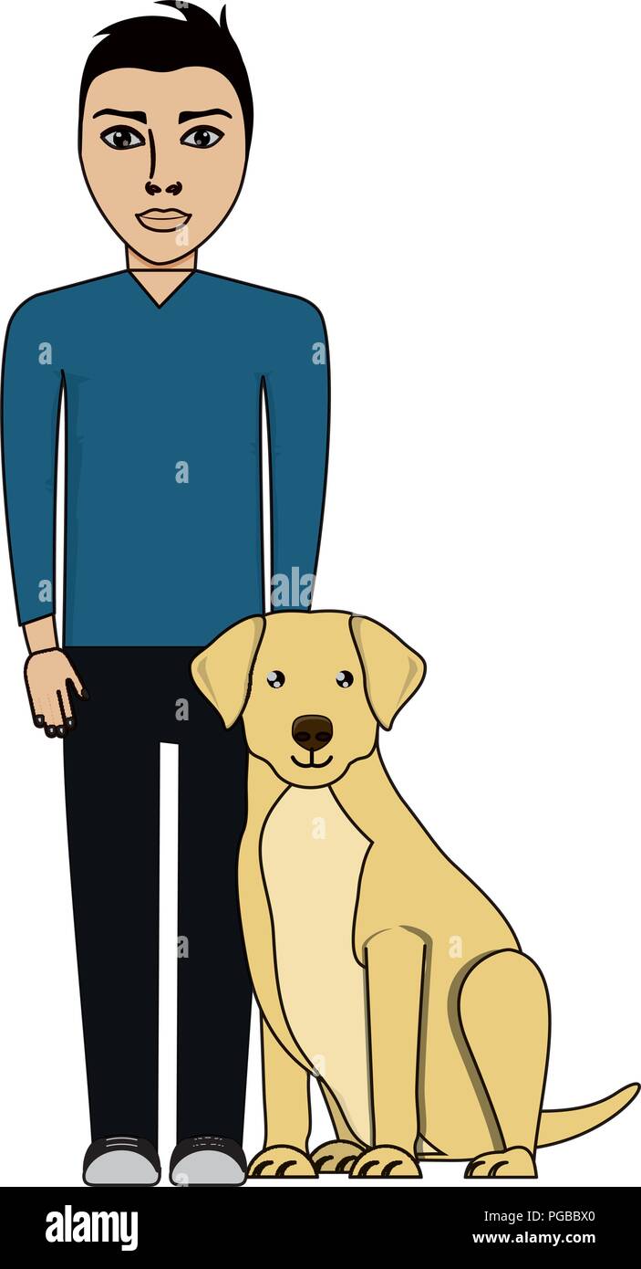 cute labrador dog and man standing over white background, vector