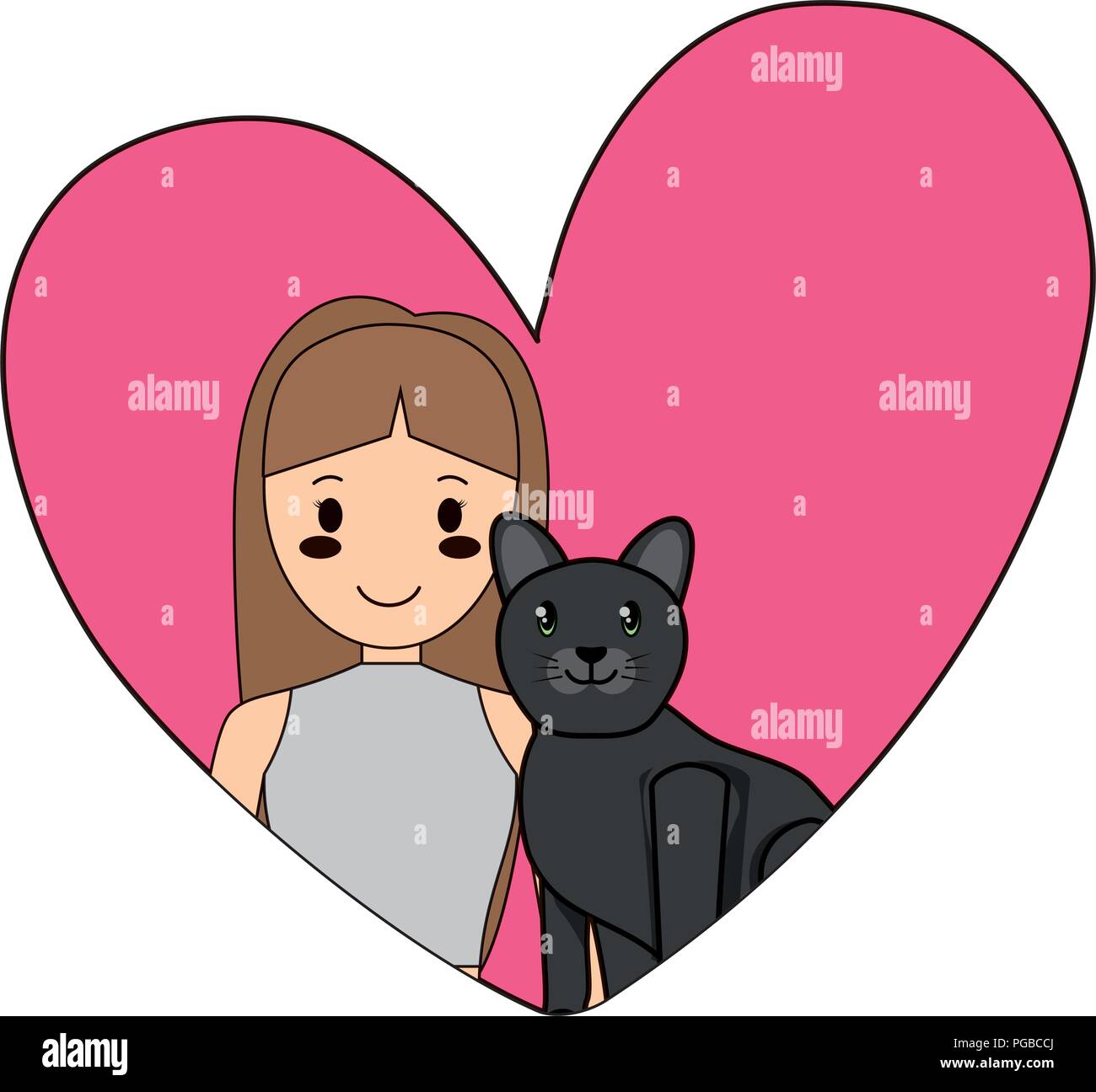 heart with cute girl and cat over white background, vector illustration ...