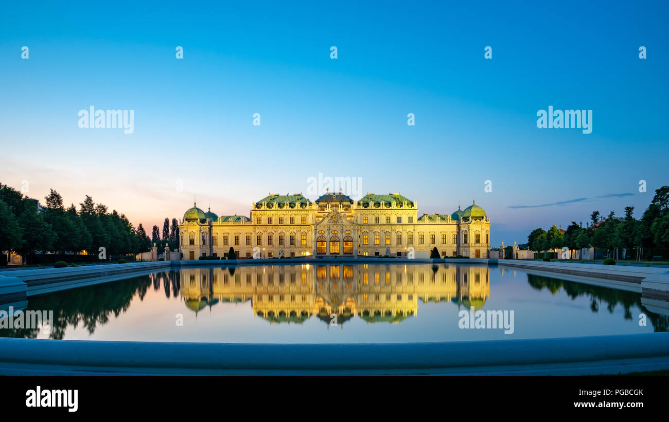 Vienna, Austria - May 12, 2018: Belvedere Palace with reflection at night in Vienna city, Austria. Stock Photo