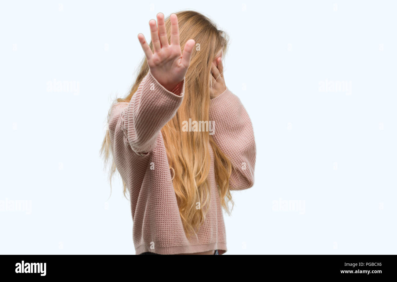 Embarrassed blonde teen good Embarrassed blonde teen apologise, but
