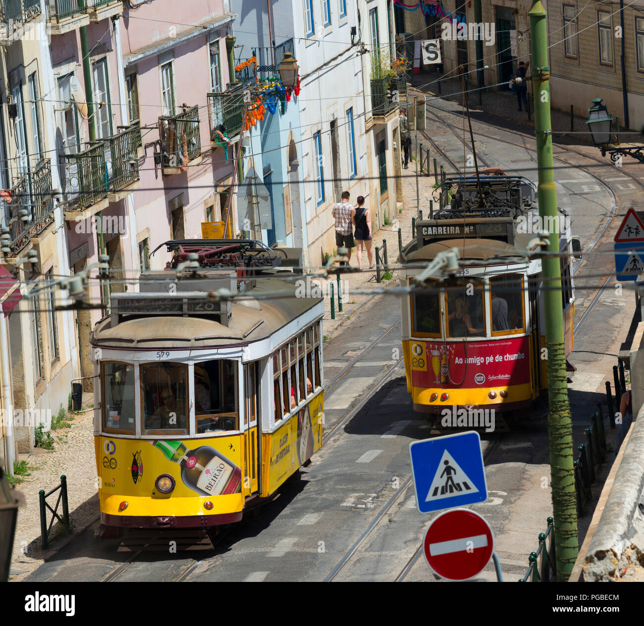 The famous trams in Lisbon, Portugal. Stock Photo