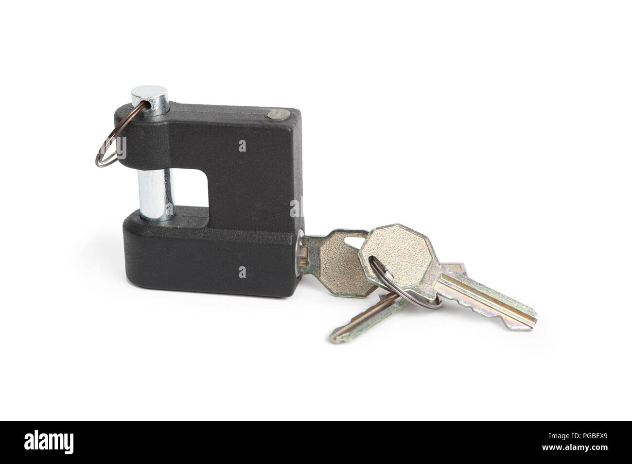 Metallic padlock and keys isolated on white Stock Photo