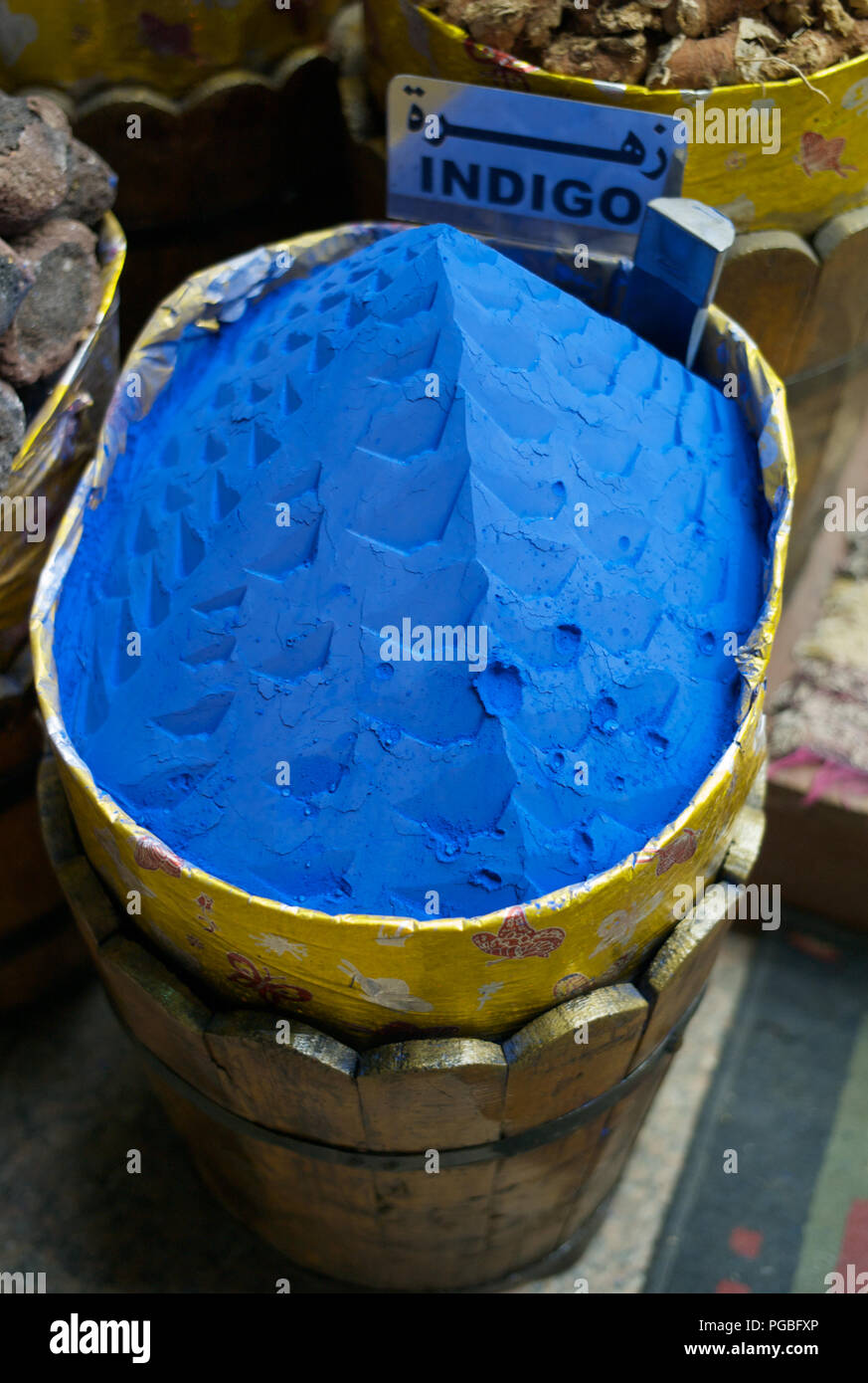 A Bucket of Indigo Pigment Powder Stock Photo