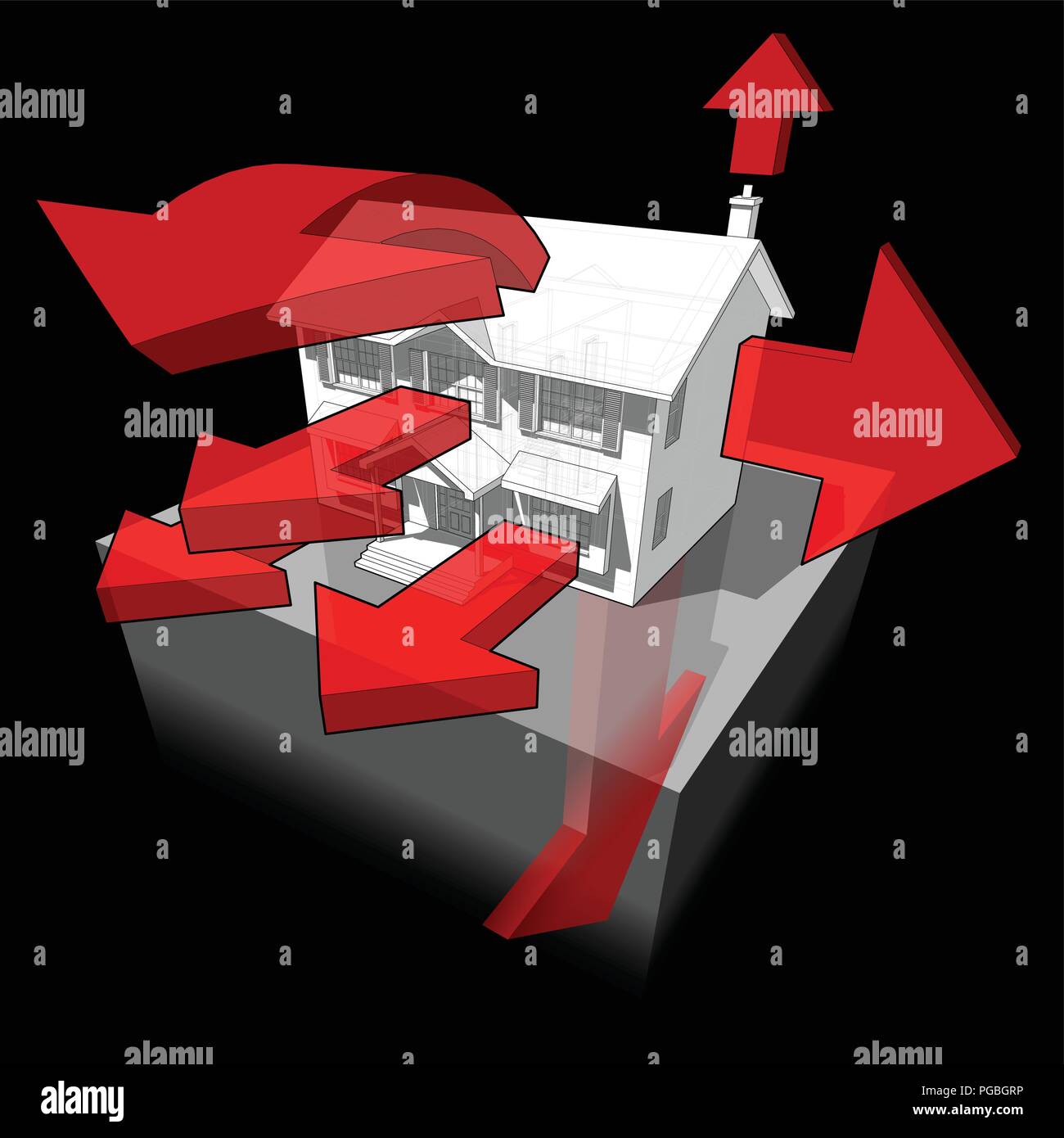 diagram of a classic colonial house showing the ways where the heat is