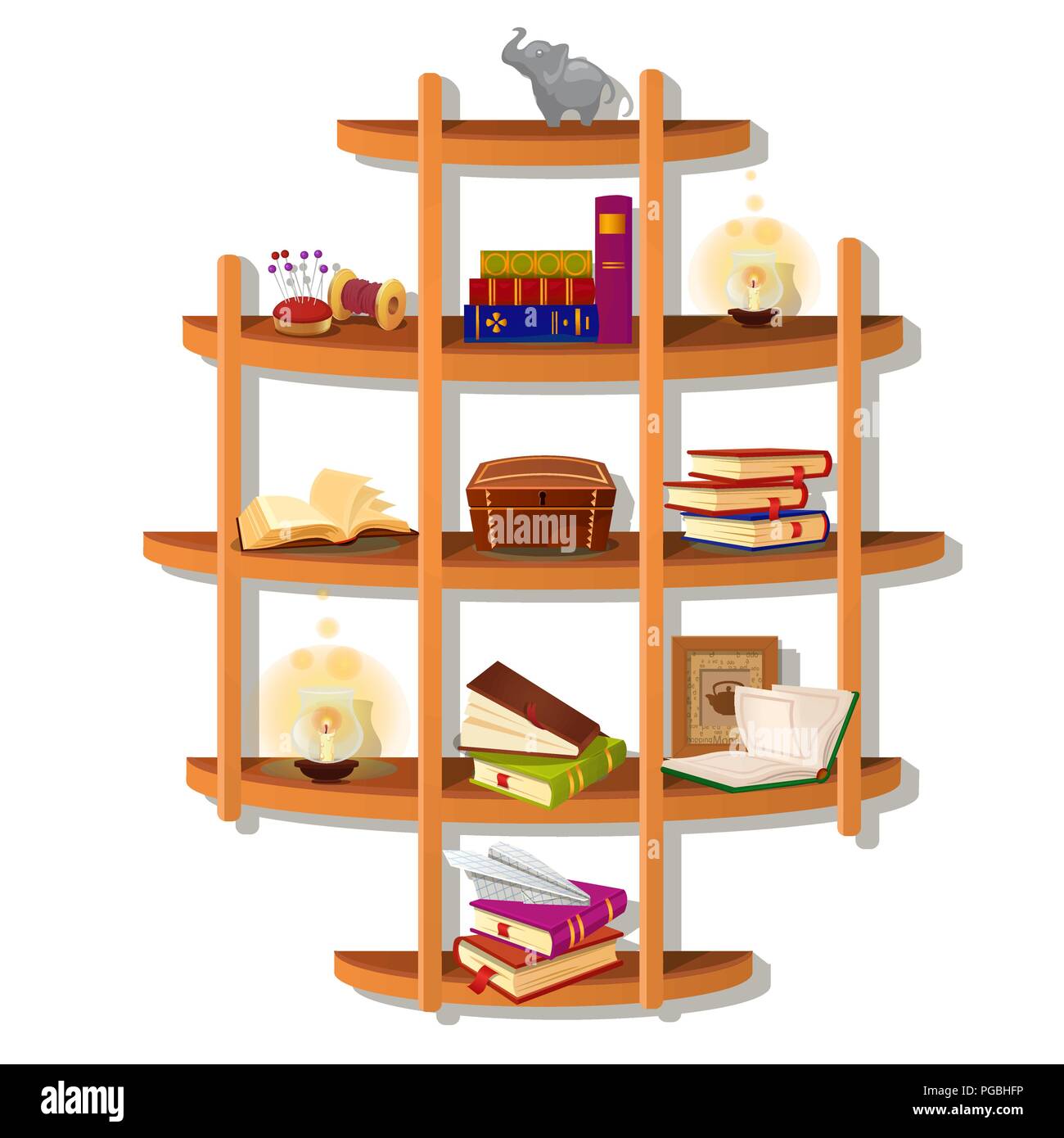 Wall-mounted wooden shelf with books isolated on white background. Vector cartoon close-up illustration. Stock Vector