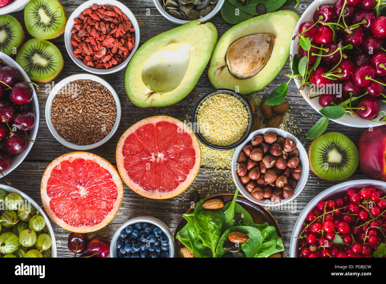 Healthy food selection. Clean eating, fresh organic superfoods, fruits