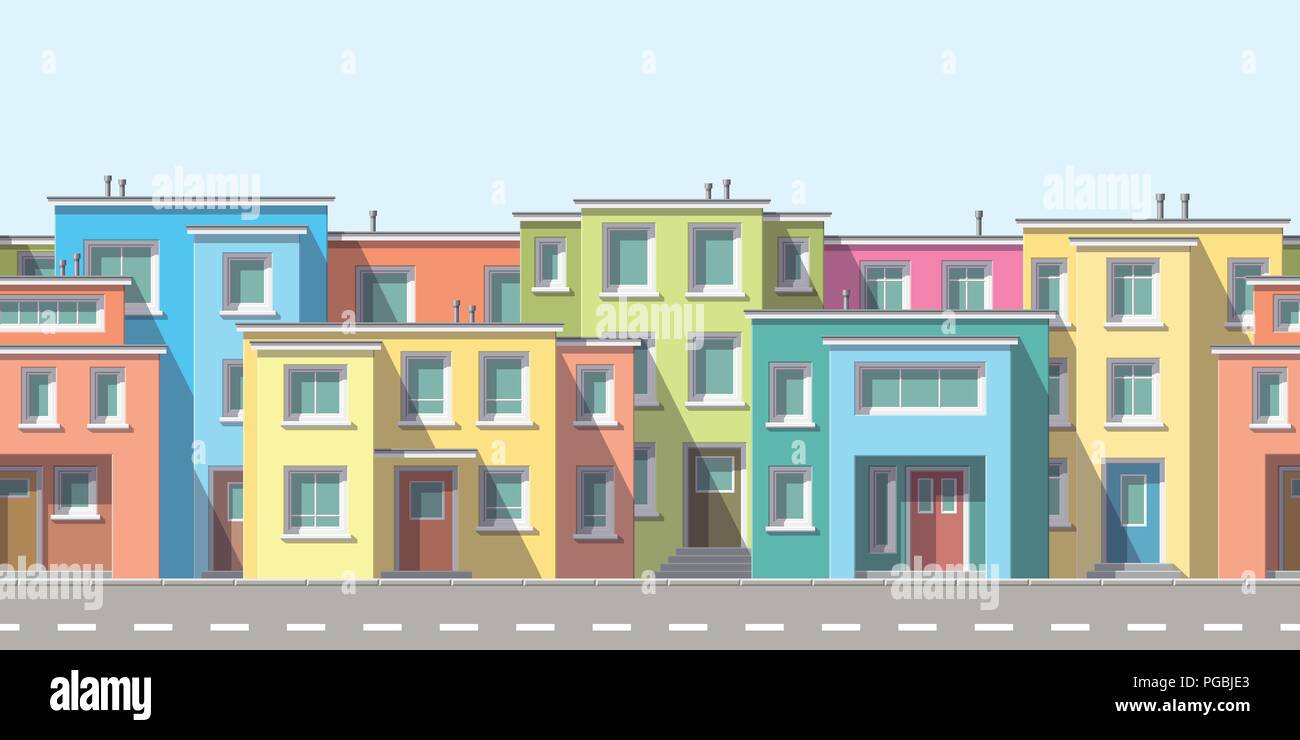 Modern houses in the suburb with street, seamless Stock Vector
