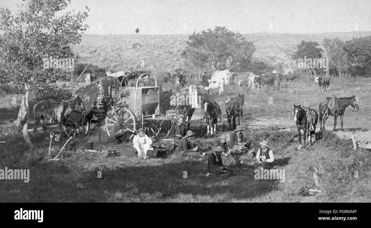 Cowboys eating near chuck wagon; small groups of horses and cattle in campsite. Stock Photo