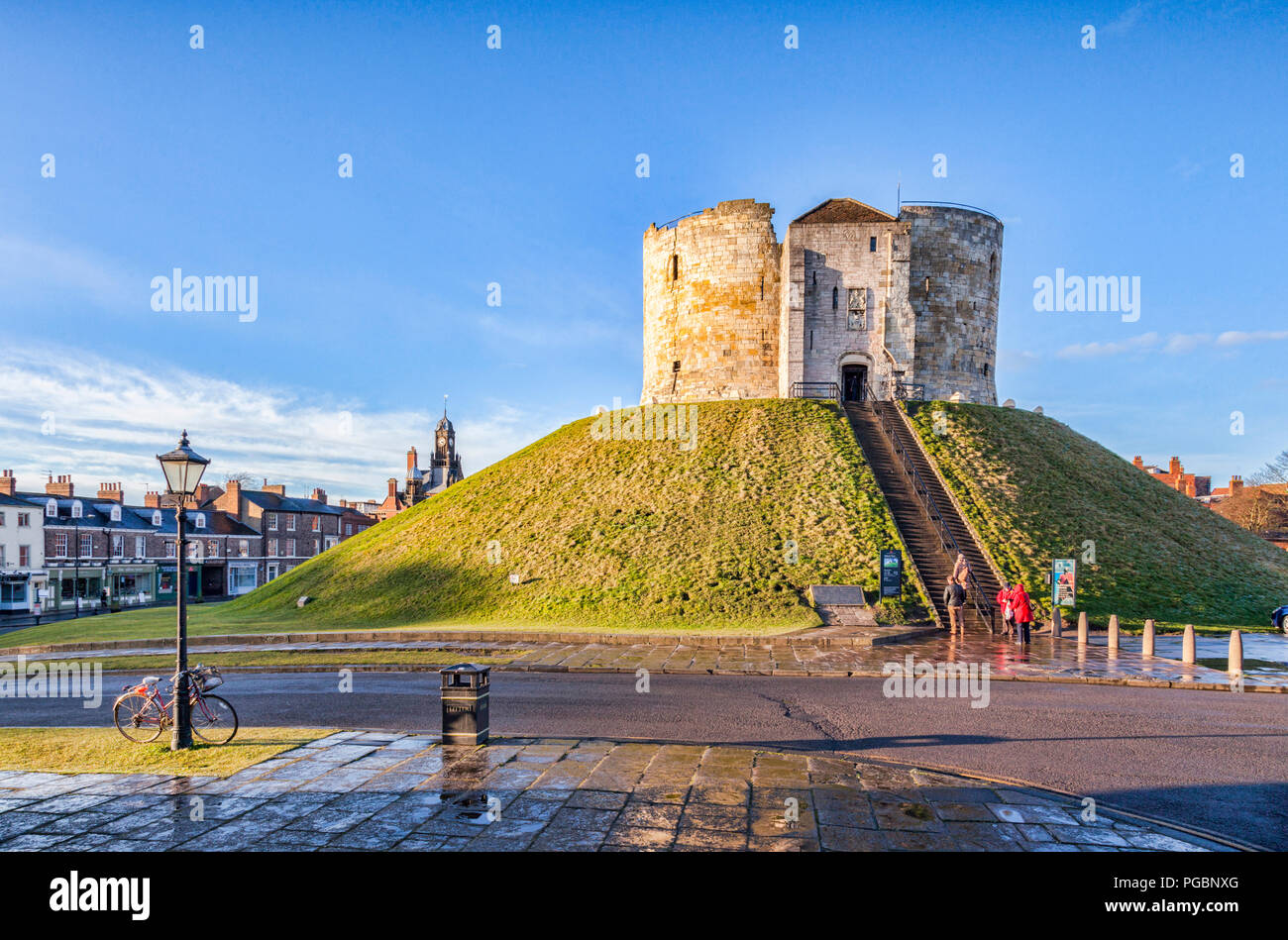 Sunshine after snow, Cliffords Tower, York, North Yorkshire, England, UK. Stock Photo