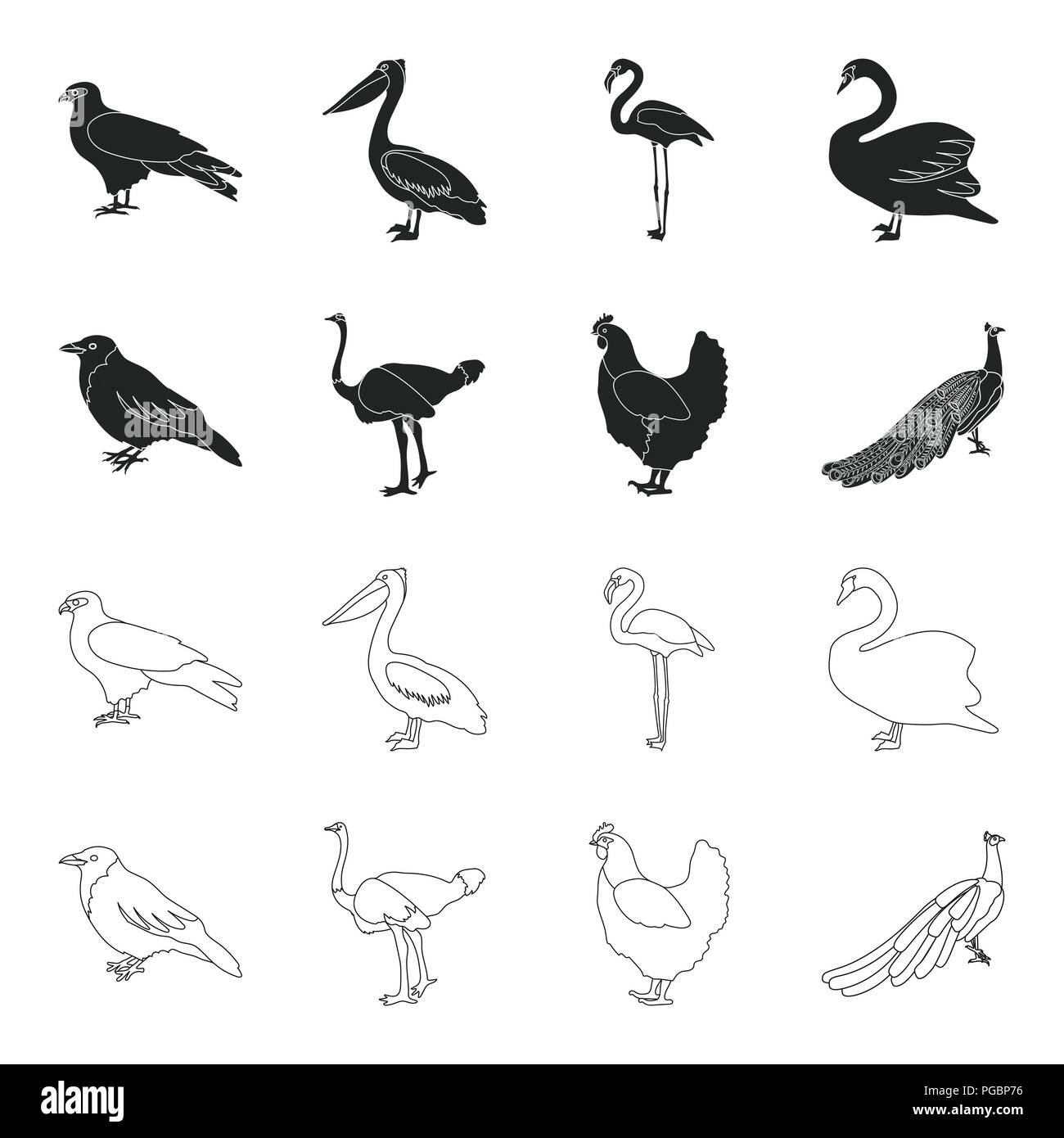 Crow, ostrich, chicken, peacock. Birds set collection icons in black ...