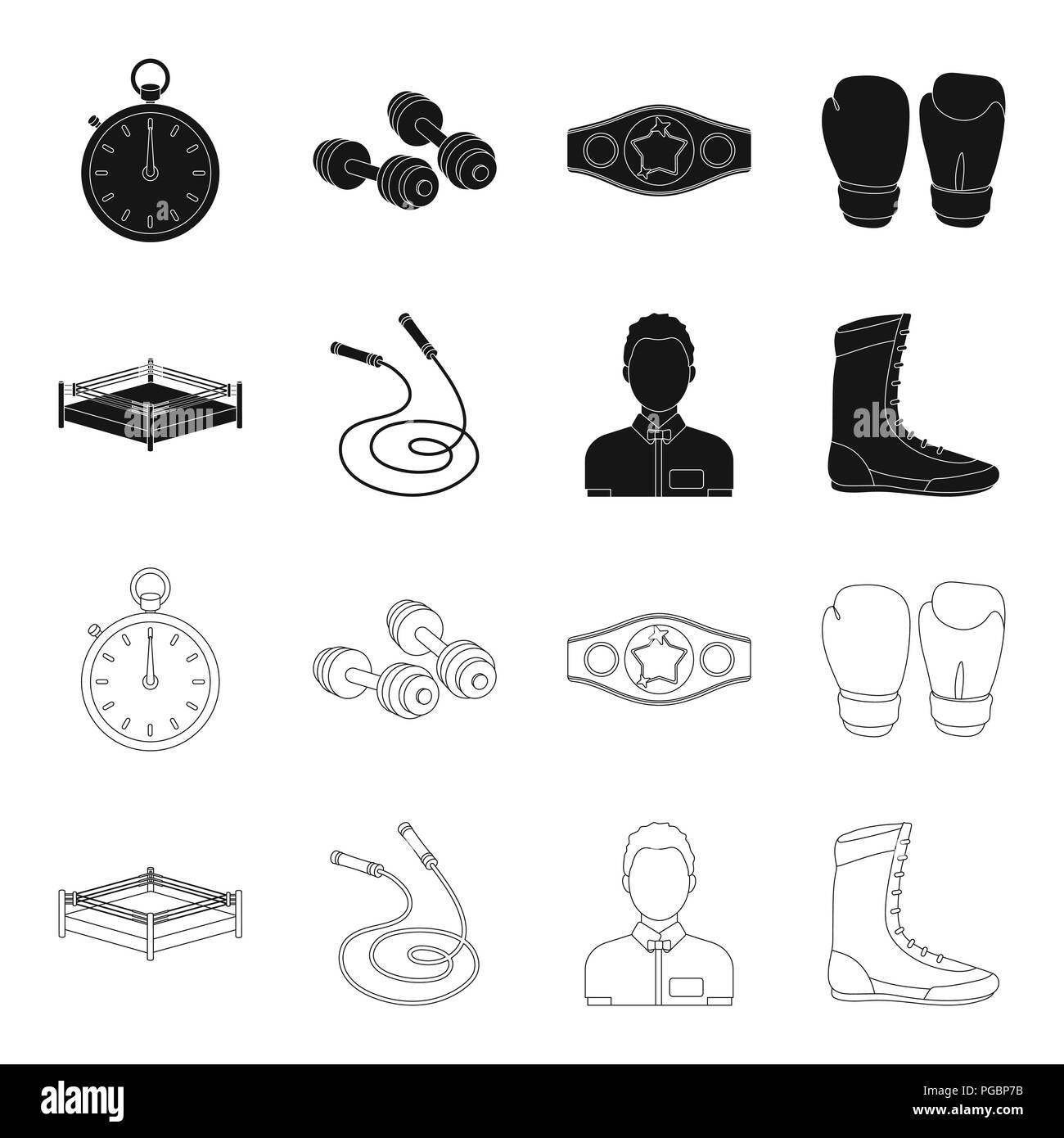 Ring, rope, referee, sneakers Boxing set collection icons in black ...