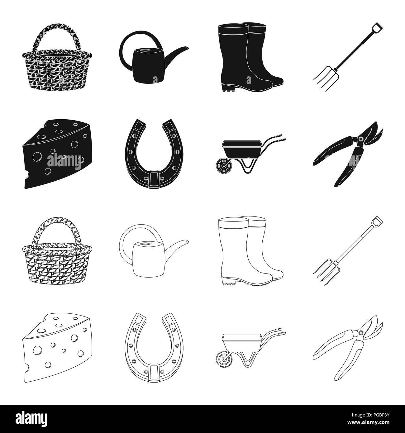 Cheese with holes, a trolley for agricultural work, a horseshoe made of metal, a pruner for cutting trees, shrubs. Farm and gardening set collection i Stock Vector