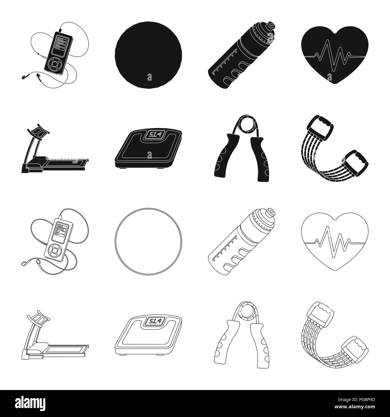 Treadmill, scales, expander and other equipment for training.Gym and workout set collection icons in black,outline style vector symbol stock illustrat Stock Vector