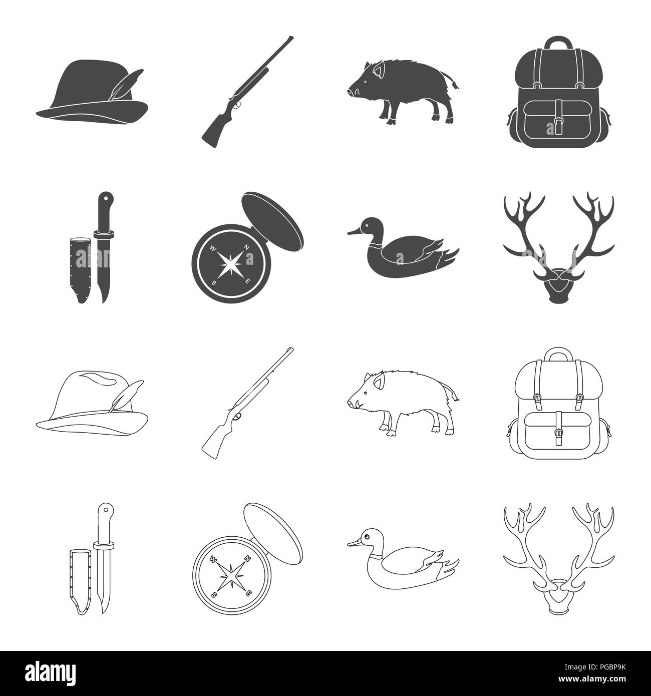 Knife with a cover, a duck, a deer horn, a compass with a lid.Hunting set collection icons in black,outline style vector symbol stock illustration . Stock Vector