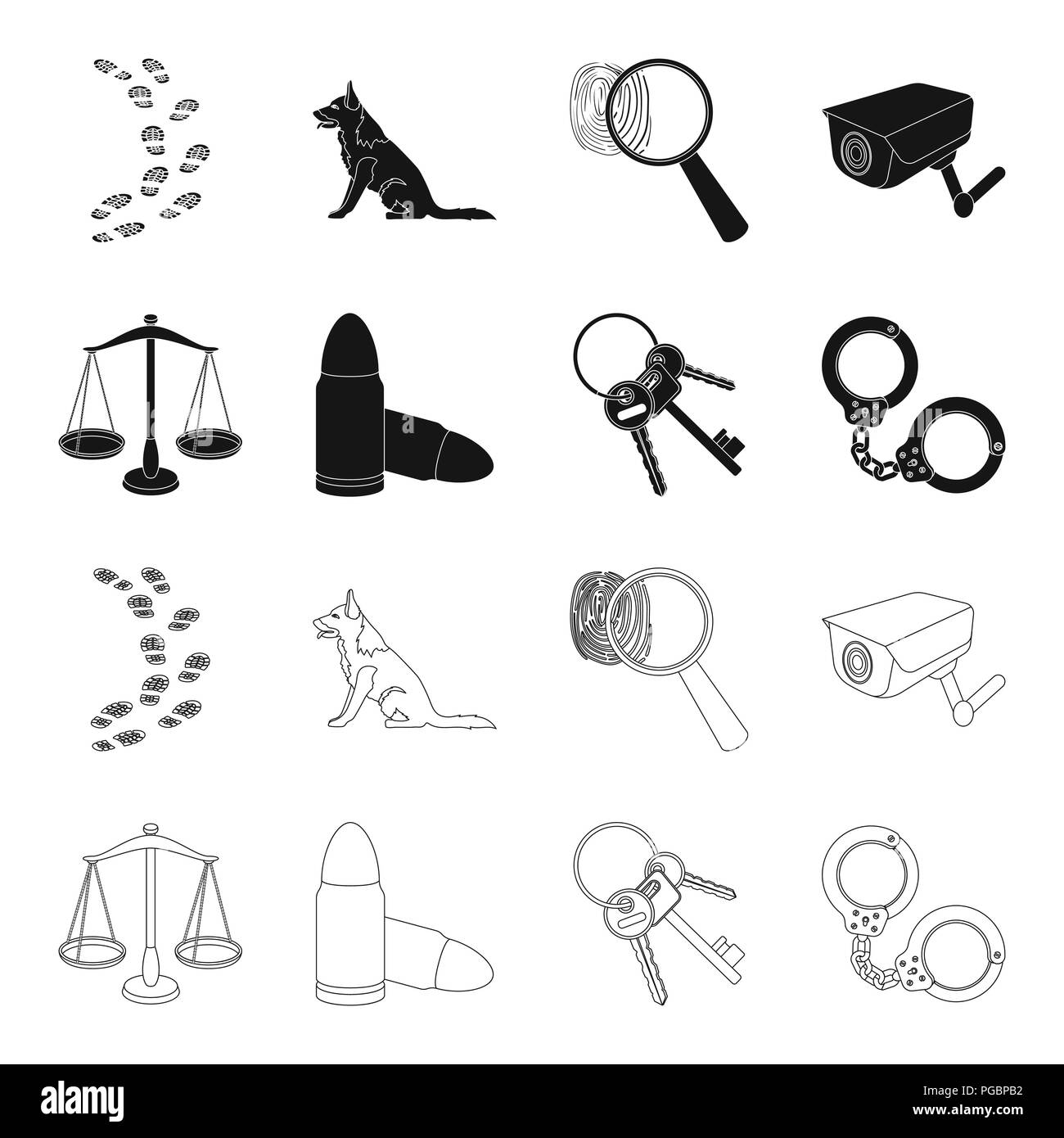 Scales of justice, cartridges, a bunch of keys, handcuffs.Prison set collection icons in black,outline style vector symbol stock illustration . Stock Vector