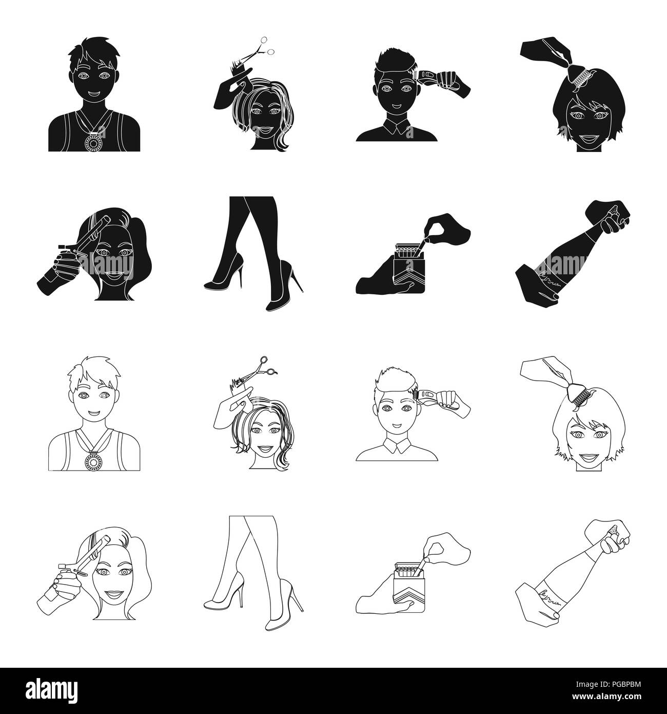 Curling hair, high heels and other  icon in black,outline style. A pack of cigarettes, a bottle of champagne in hand icons in set collection. Stock Vector