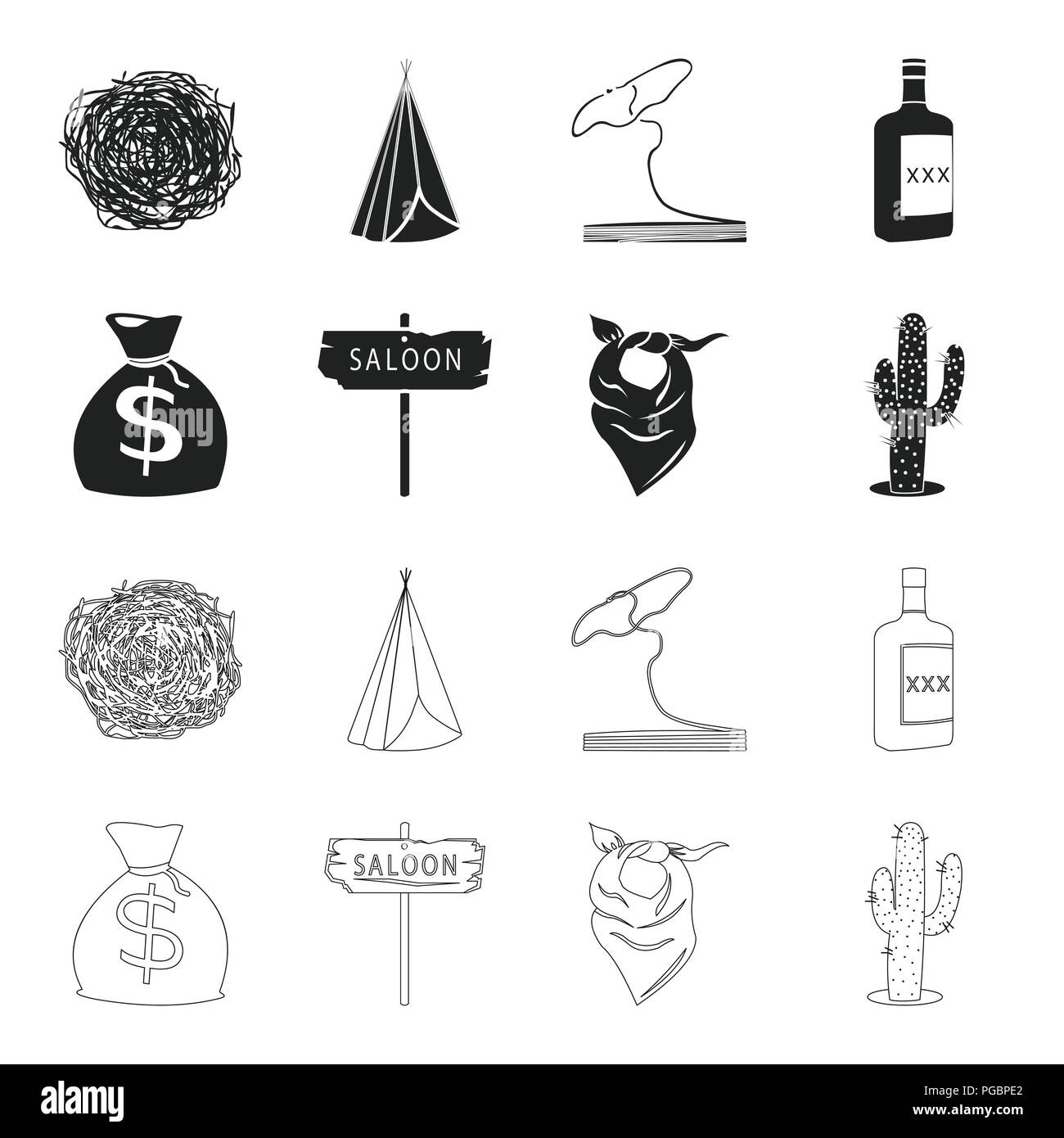 Bag of money, saloon, cowboy kerchief, cactus. Wild west set collection icons in black,outline style vector symbol stock illustration . Stock Vector