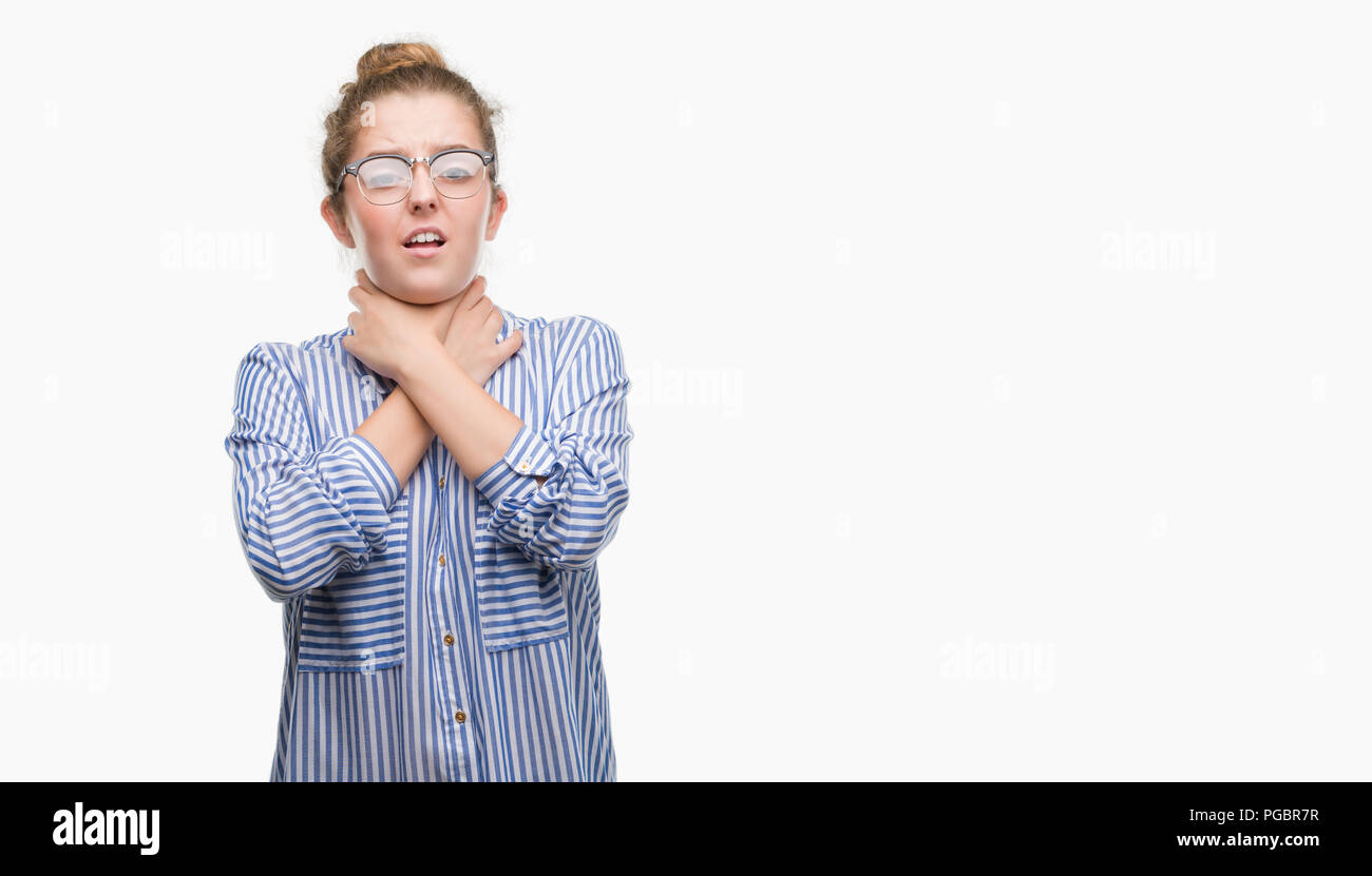 Young blonde business woman shouting and suffocate because painful strangle. Health problem. Asphyxiate and suicide concept. Stock Photo