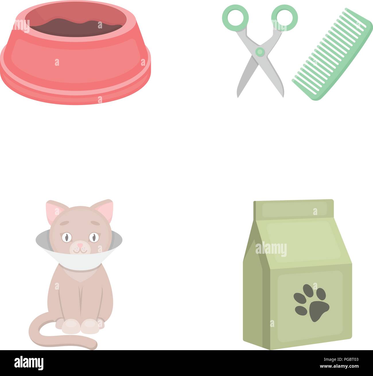 A bowl with food, a haircut for a cat, a sick cat, a package of feeds.?at set collection icons