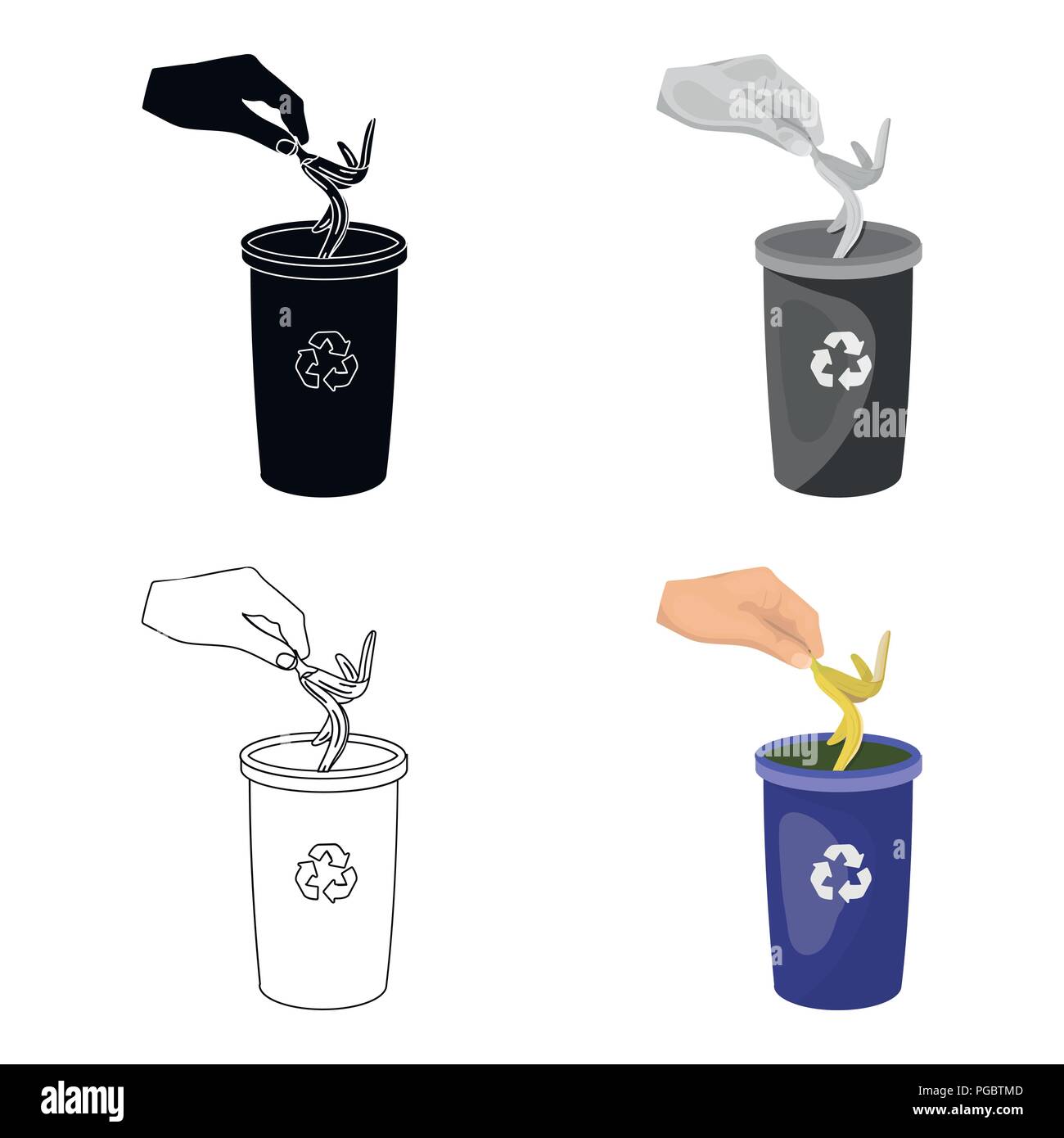 Emission of banana peel into the garbage can for waste. Rubbish and ...