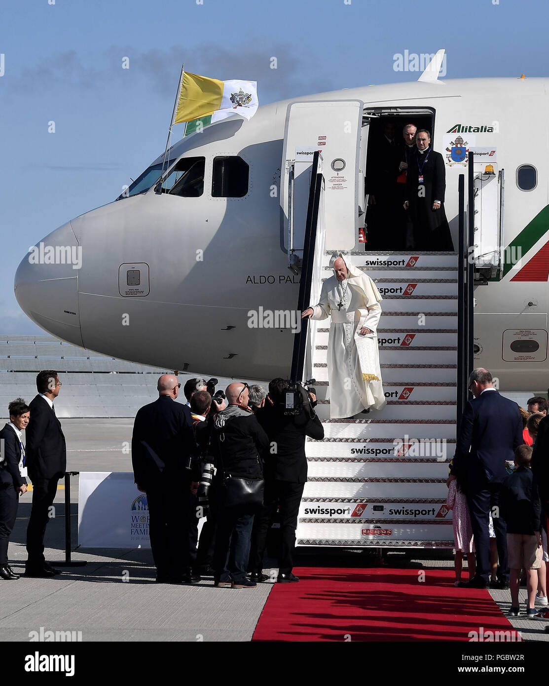 Pope Francis disembarks from the aircraft as he arrives at Dublin Airport as he arrives at Dublin Airport as he arrives at Dublin International Airport, at the start of his visit to Ireland. Stock Photo