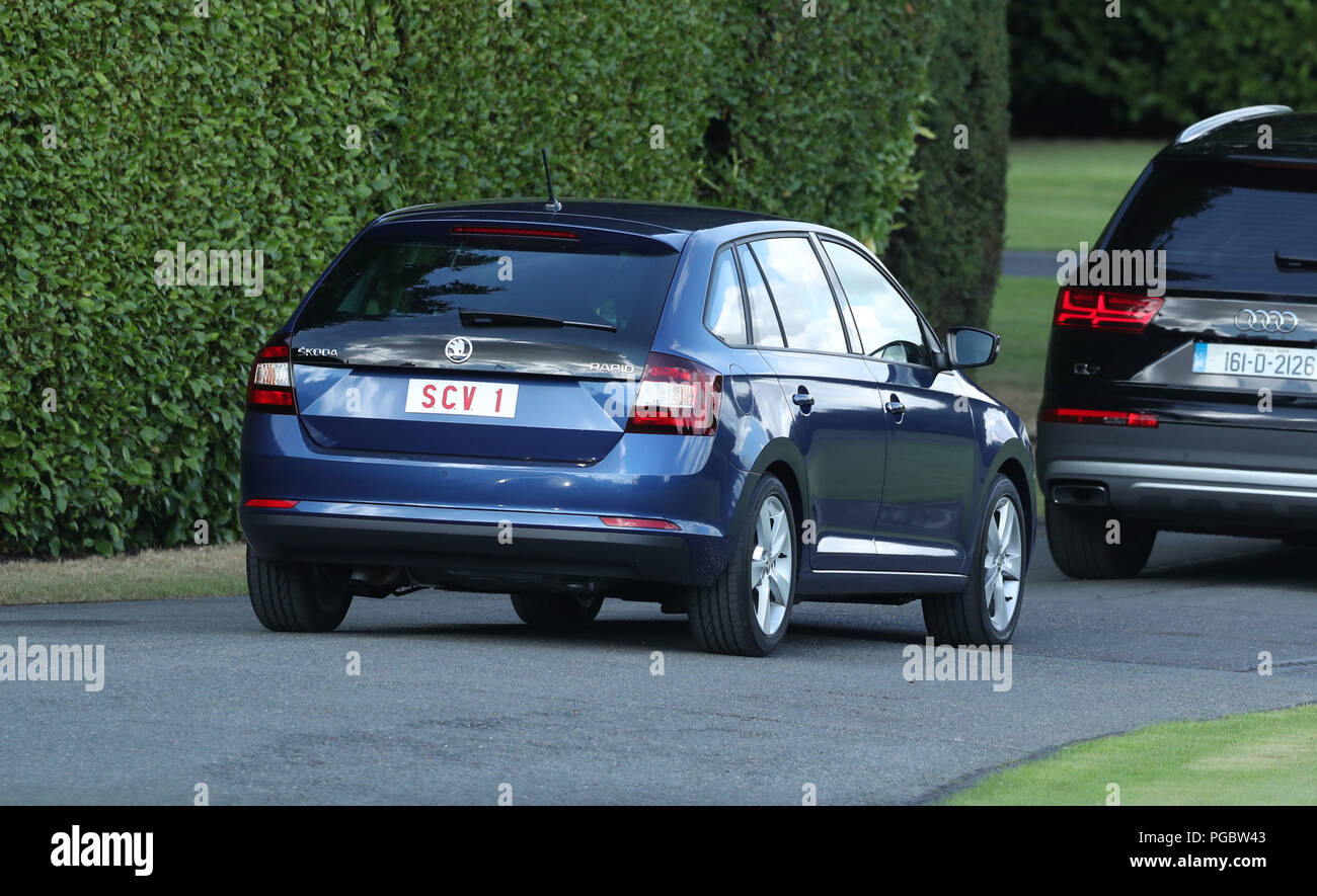 Pope Francis leaves in a Skoda car following a meeting with Irish President Michael D Higgins and wife Sabina, at Aras an Uachtarain in Phoenix Park, Dublin, as part of his visit to Ireland. Stock Photo