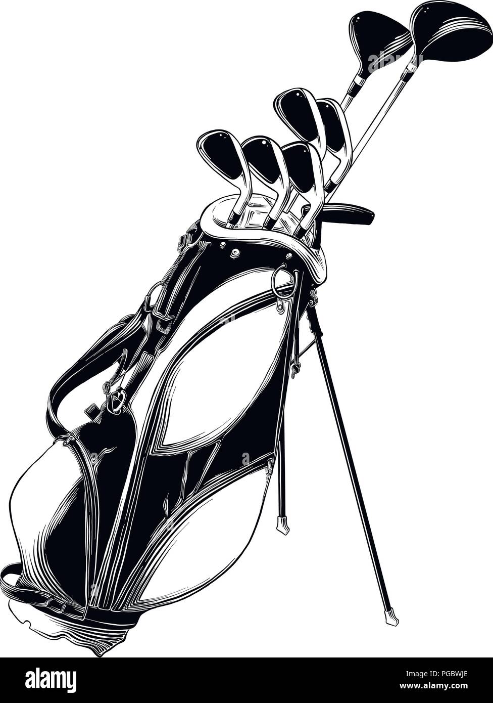 Hand drawn sketch of golf bag in black isolated on white background