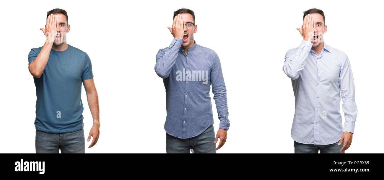 Handsome young man wearing different outfits covering one eye with hand ...