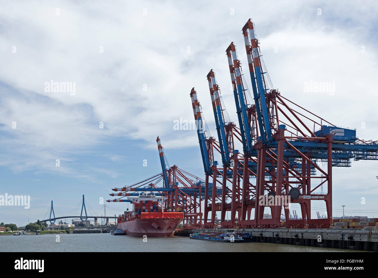 Container Terminal Eurogate and Koehlbrand Bridge, Hamburg, Germany Stock Photo