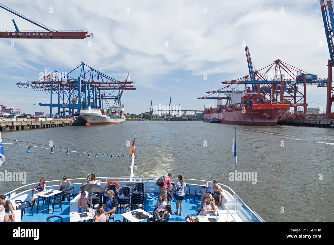 Container Terminals Burchardkai and Eurogate and Koehlbrand Bridge, Hamburg, Germany Stock Photo