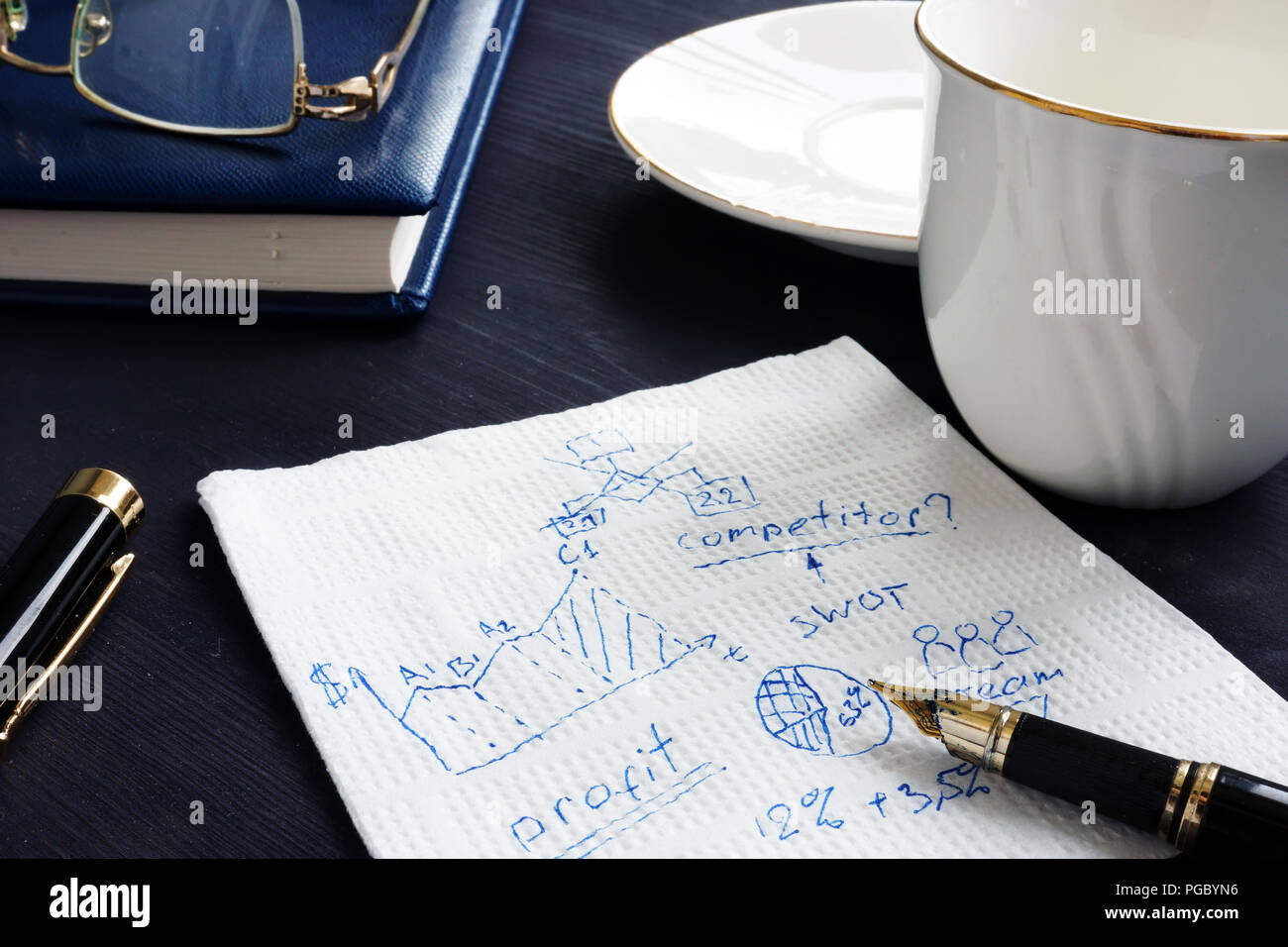Business calculation and creative ideas written on a napkin. Stock Photo