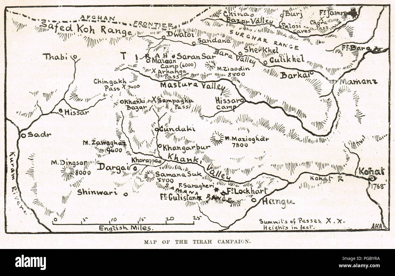 Map of the Tirah Campaign, also known as the Tirah Expedition, an Indian frontier war in 1897–1898 Stock Photo