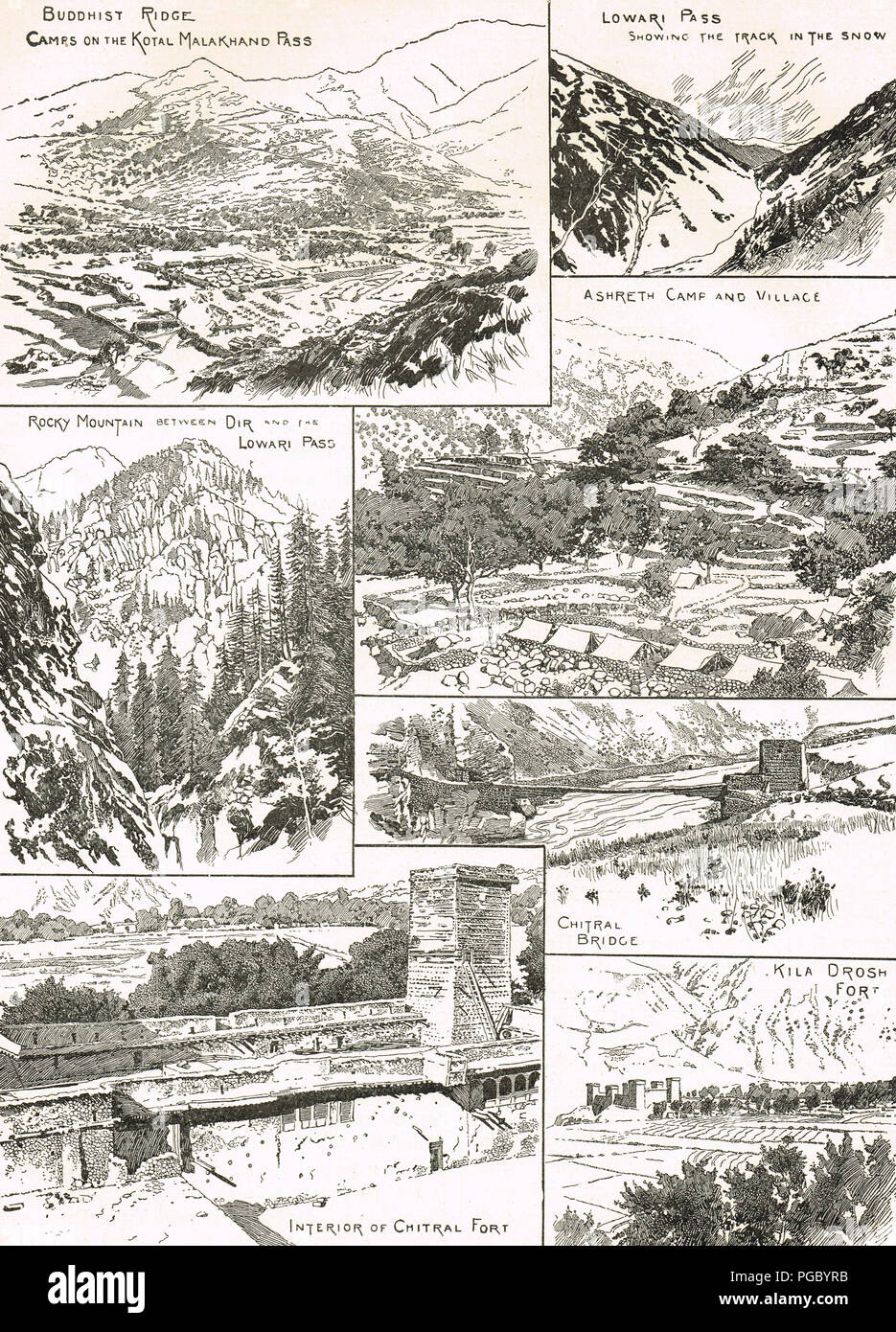 Locations during the Indian frontier wars in 1897–1898.  Buddhist ridge, Malakand pass, Lowari pass, Ashreth camp, Chitral bridge, Chitral fort, Kila Drosh fort Stock Photo