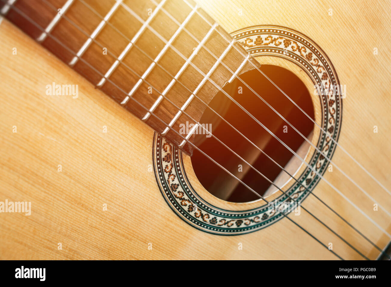 acoustic guitar sound hole string music instrument Stock Photo
