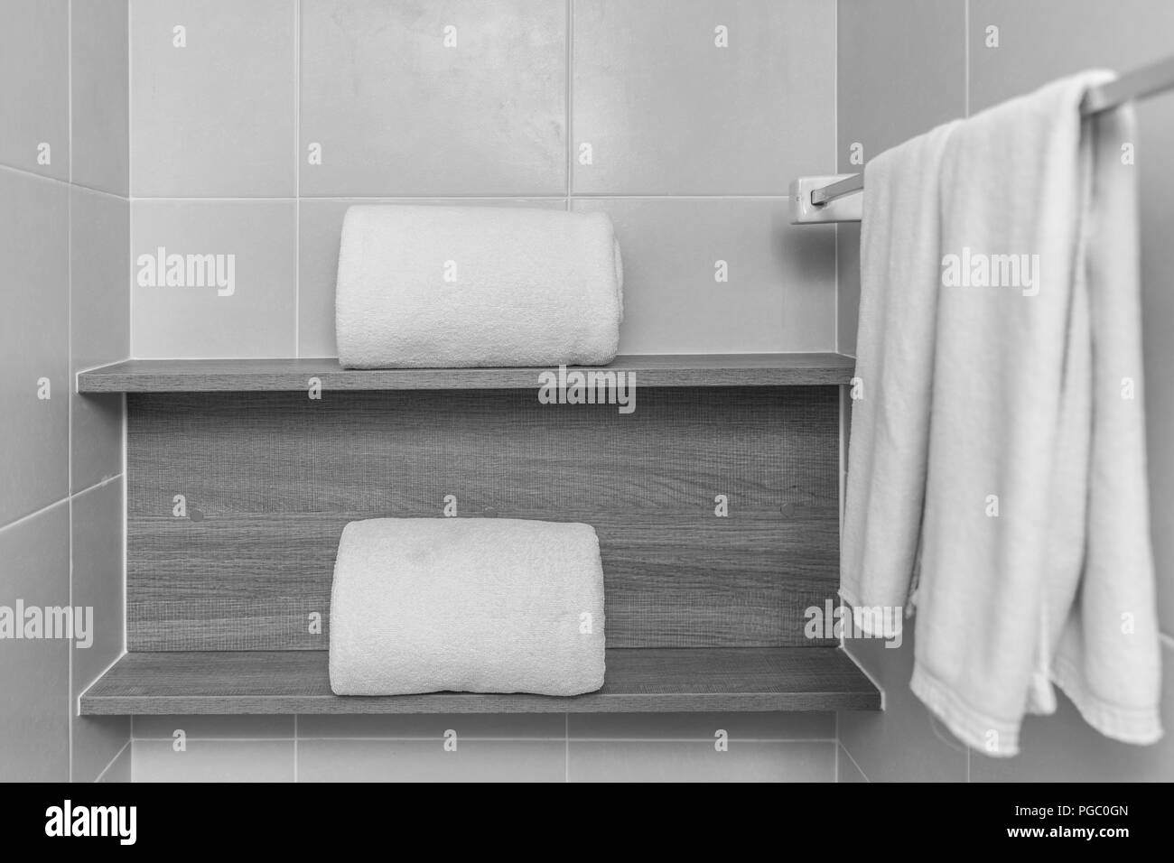 clean new towel place for customer in hotel bathroom Stock Photo